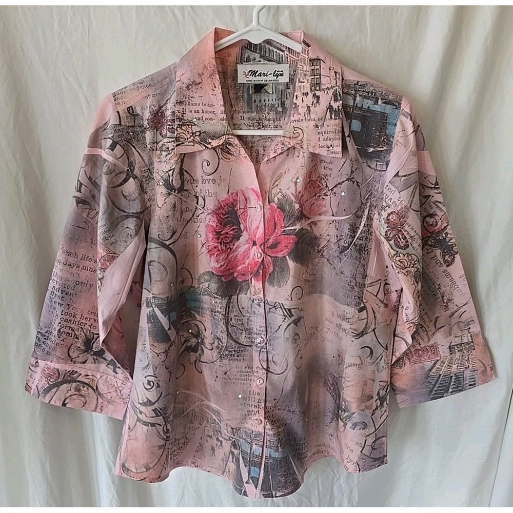 Vintage Mari-Lyn Miami‎ Button-Up Shirt Top Pink Floral Buildings Gemstones Sz M